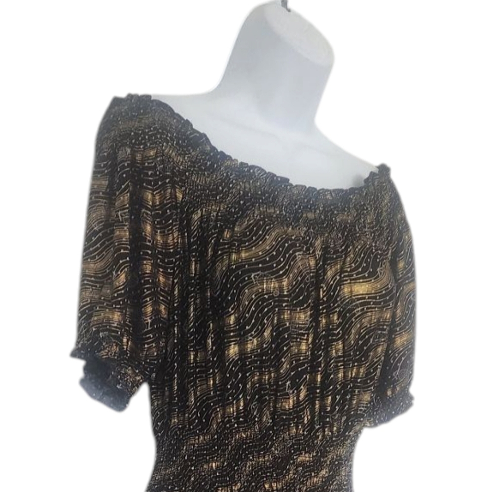 NWOT ACE Fashion Maxi Dress Boho Psychedelic Gold Paisley Ruched Waist Stretch. - Picture 4 of 8